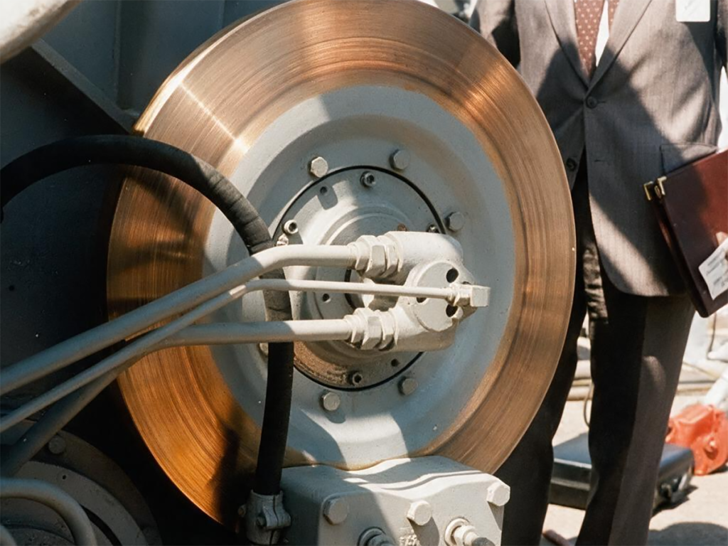 Disc brake calipers mounted on a marine winch brake disc
