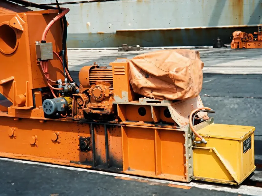 Rail clamps mounted on a dockside crane